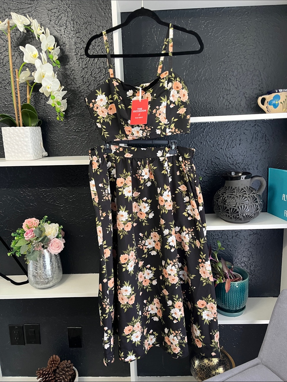 Floral Two-Piece Black and Peach Wedding Dress